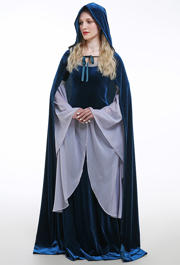 中世 手作り ベルベット 衣装 妖精エルフフード付きマントダークブルー