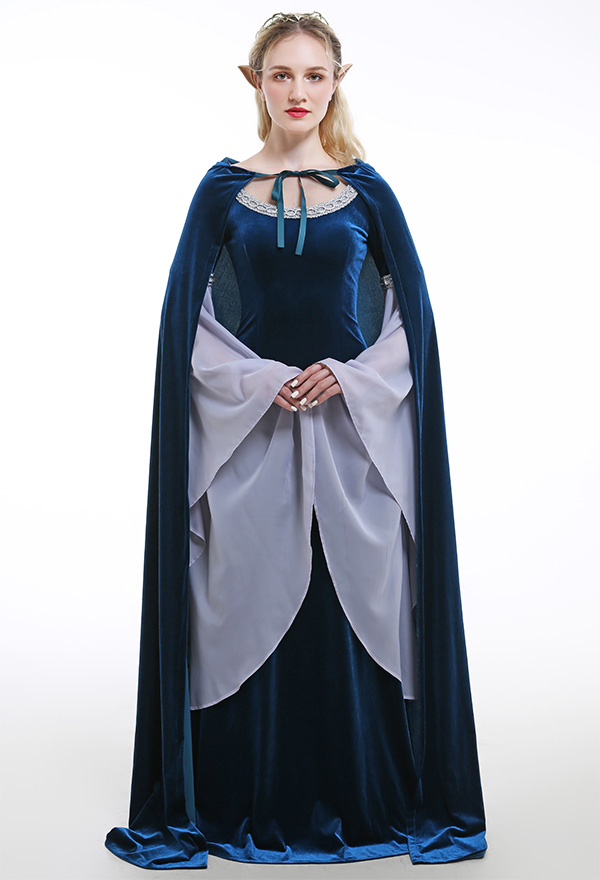 中世 手作り ベルベット 衣装 妖精エルフフード付きマントダークブルー