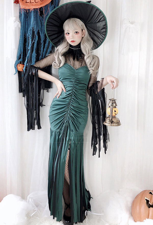 魔女悪魔　コスプレ衣装　セクシーな暗闇ゴシック緑色ドレス