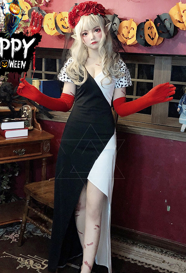 手袋付きのハロウィンパーティードレスのためのセクシーなヒョウ柄半袖花嫁吸血鬼のドレス