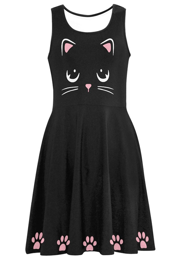 カジュアル サンドレス かわいい猫 プリント タンクドレス 女性 ドレス 夏のビーチ