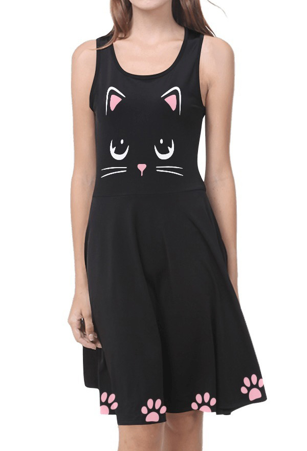 カジュアル サンドレス かわいい猫 プリント タンクドレス 女性 ドレス 夏のビーチ
