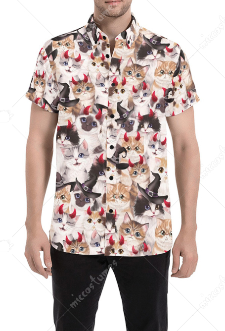 ハロウィン メンズ カジュアル シャツ 悪魔猫 プリント ボタン ダウン 半袖 シャツ