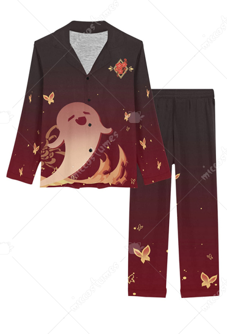 原神 胡桃 女性パジャマセット ゴースト長袖とパンツ 2 ピースナイトウェア