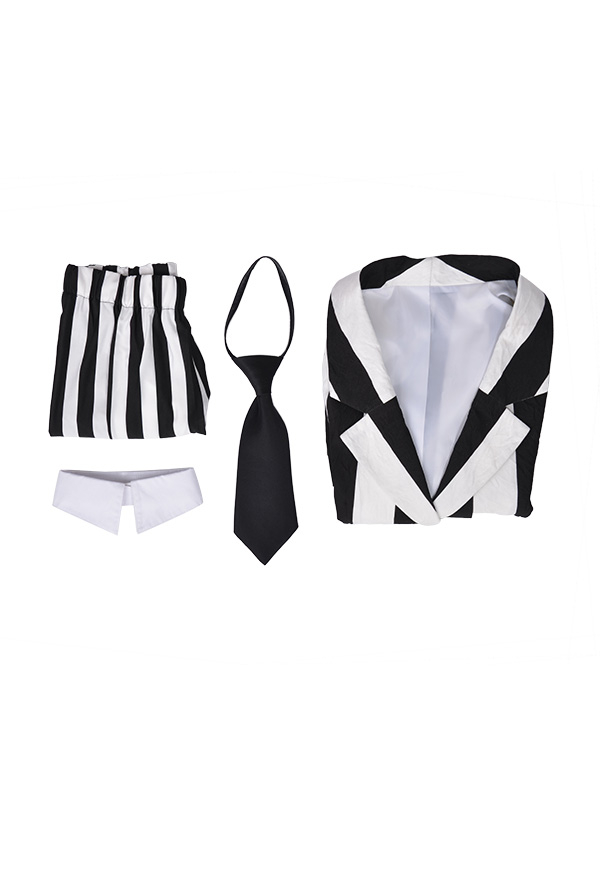 女性用 黒と白 縦縞 ジャケット スーツ コスチューム ネクタイ付き