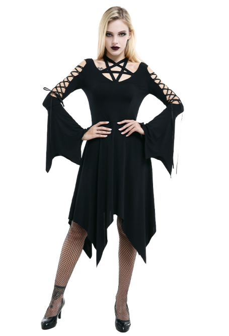 暗黒ゴシック パンク ウィッチスタイル 女性 レースアップ ベルスリーブ ミドル丈 ドレス 不規則な裾