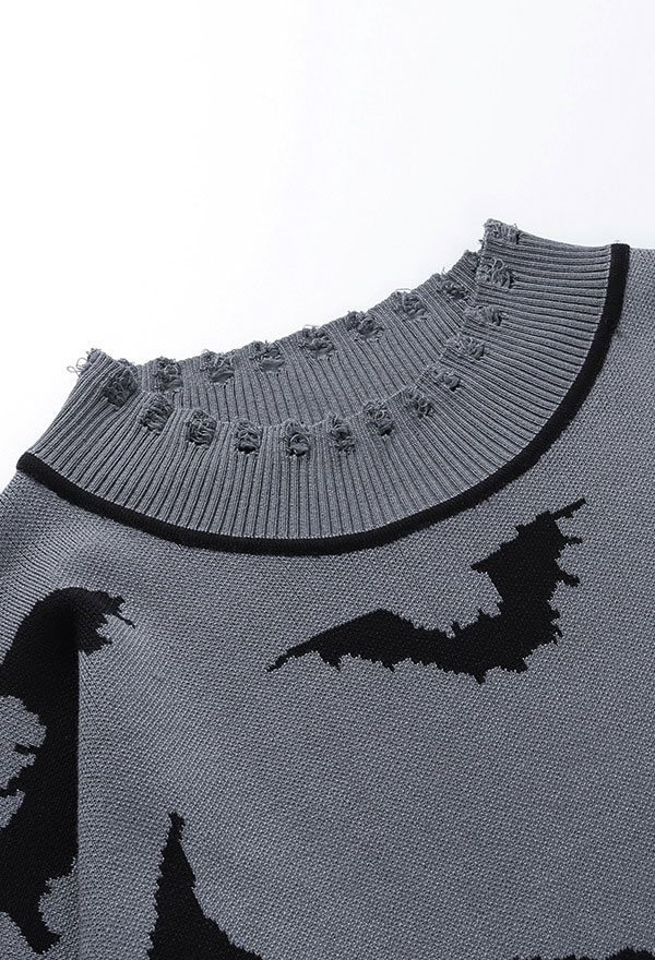 女性ゴシッククールダークスタイルバットパターン刺繍ブロークンエッジ長袖拡張プルオーバーセーター秋冬
