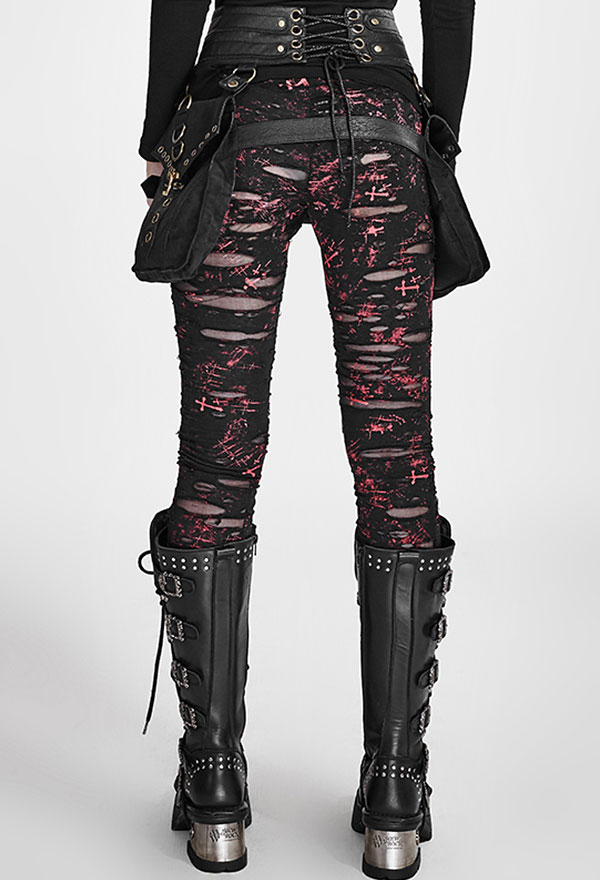 パンクレイブフィッシュネットデコレーションゴシックレッドとブラックホールパターン破れたズボン壊れたメッシュレギンス衣装