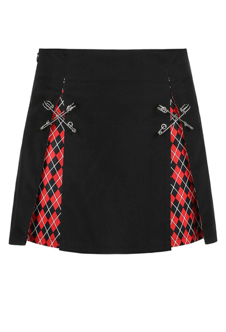 女性ゴシッククールダークスタイルピン装飾グリッドパターンサイドハイスリットスカート