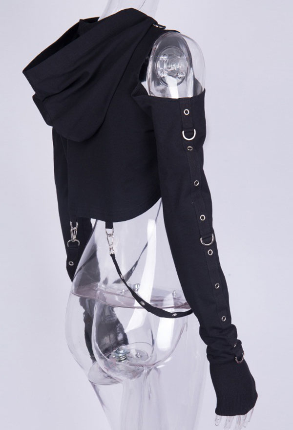 女性ゴシッククールダークスタイルストラップレスハイウエスト長袖パーカープルオーバー夏の秋のベルトペンダント付き