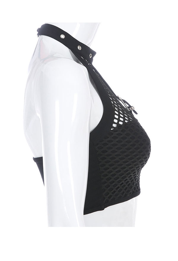 女性ゴシッククールダークスタイルグリッドパターンベルト装飾スプライスボタン着用ベストTシャツトップ