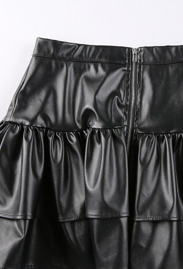 ゴシック フリル ミニスカート 美的グランジスタイル 黒 PUレザー フロント 巾着 プリーツスカート