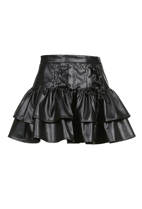 ゴシック フリル ミニスカート 美的グランジスタイル 黒 PUレザー フロント 巾着 プリーツスカート