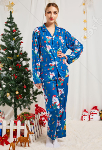 クリスマス女性大人ブルースノーメンパターン長袖平織りパジャマセットパジャマラウンジセットパンツコスチューム2ピース衣装