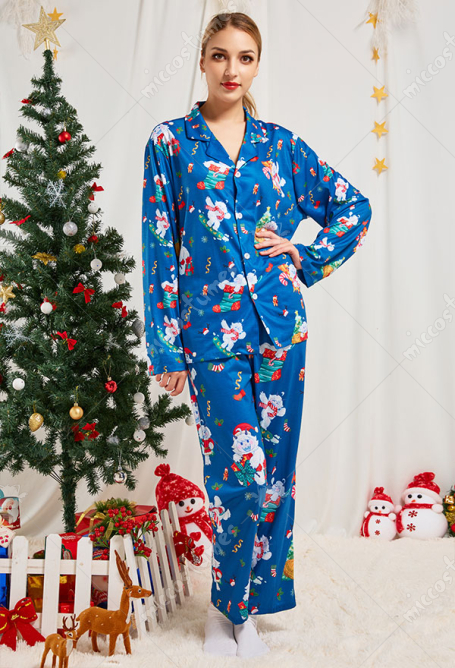 クリスマス女性大人ブルースノーメンパターン長袖平織りパジャマセットパジャマラウンジセットパンツコスチューム2ピース衣装
