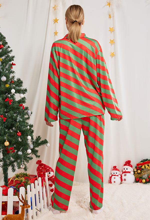 クリスマス女性大人赤と緑のストライプパターン長袖平織りパジャマセットパジャマラウンジセットパンツコスチューム2ピース衣装