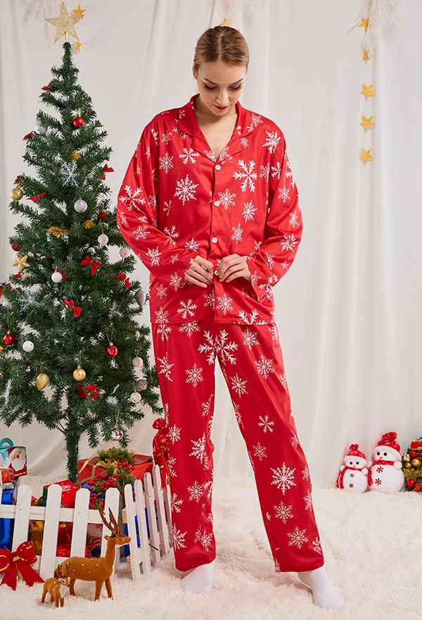 クリスマス女性大人赤雪模様長袖平織りパジャマセットパジャマラウンジセットパンツコスチューム2ピース衣装