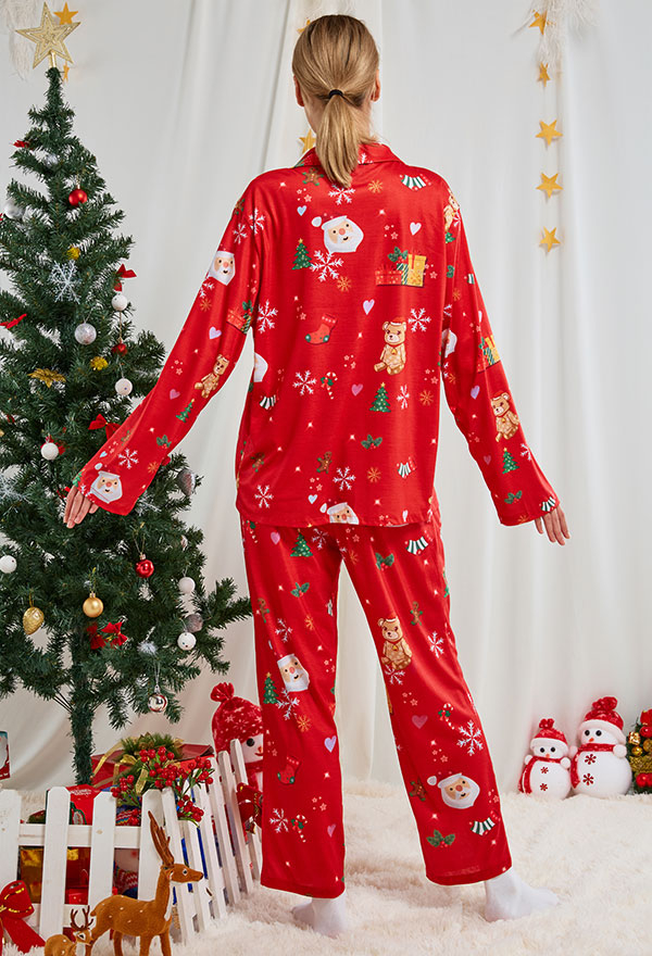 クリスマス女性大人漫画サンタクロースとクマのパターン長袖平織りパジャマセットパジャマラウンジセットパンツコスチューム2ピース衣装