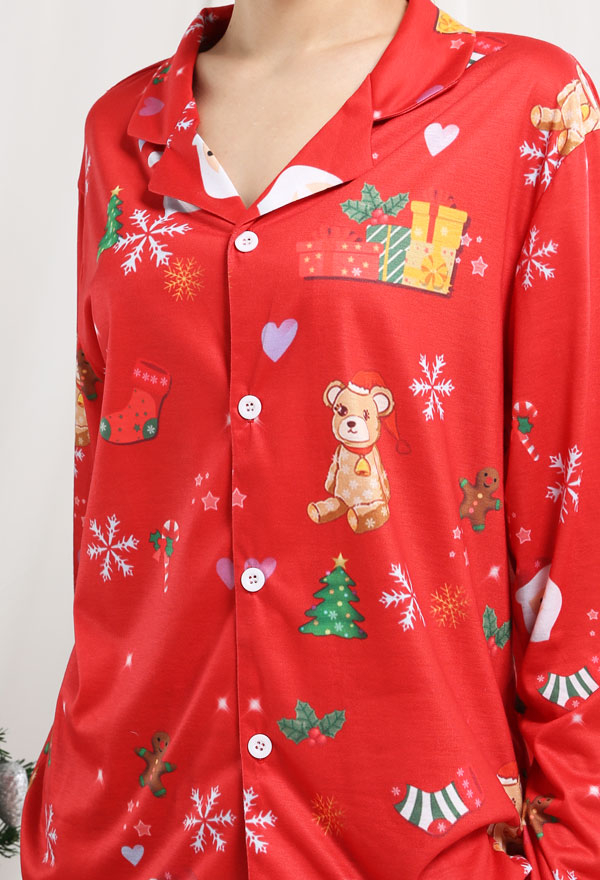 クリスマス女性大人漫画サンタクロースとクマのパターン長袖平織りパジャマセットパジャマラウンジセットパンツコスチューム2ピース衣装