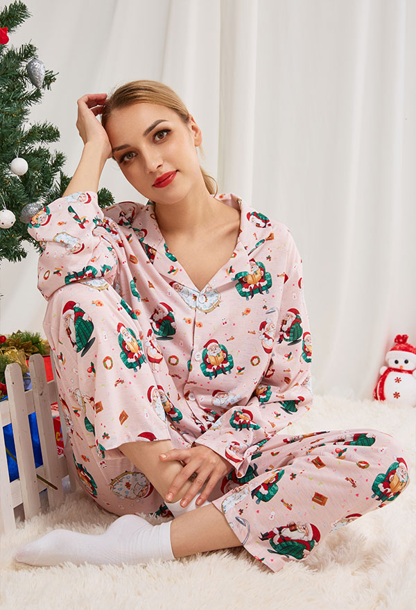 クリスマス女性大人漫画座って入浴サンタクロースパターン長袖平織りパジャマセットパジャマラウンジセットパンツコスチューム2ピース衣装