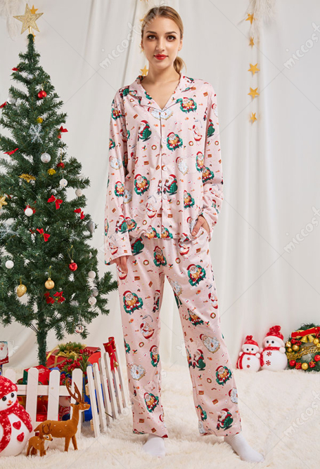 クリスマス女性大人漫画座って入浴サンタクロースパターン長袖平織りパジャマセットパジャマラウンジセットパンツコスチューム2ピース衣装