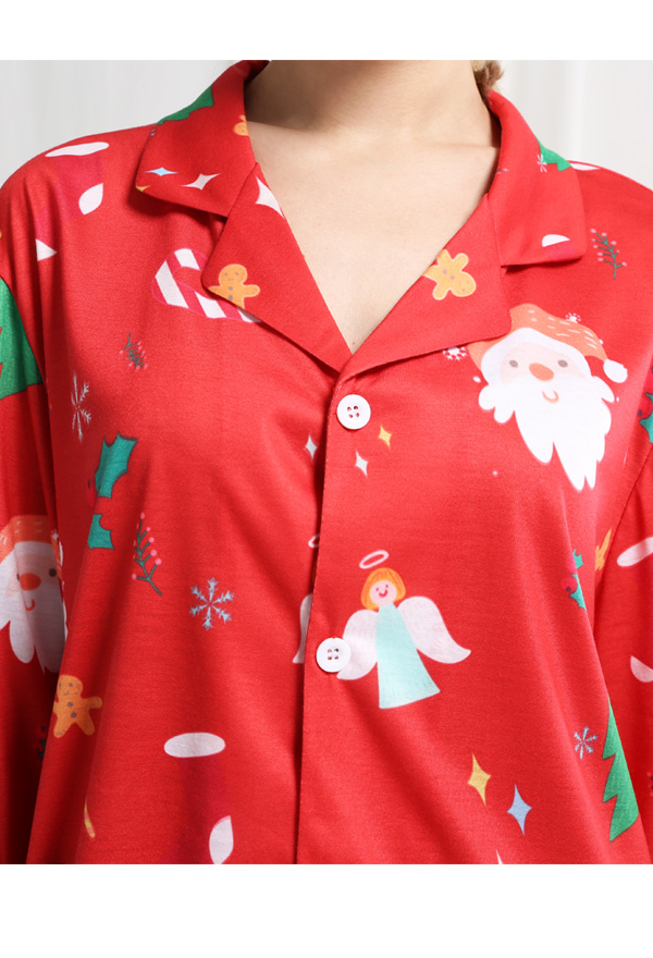 クリスマス女性大人漫画天使とサンタクロースパターン長袖平織りパジャマセットパジャマラウンジセットパンツコスチューム2ピース衣装