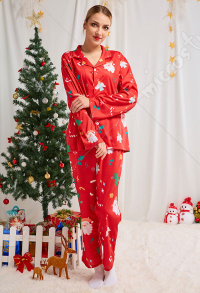 クリスマス女性大人漫画天使とサンタクロースパターン長袖平織りパジャマセットパジャマラウンジセットパンツコスチューム2ピース衣装