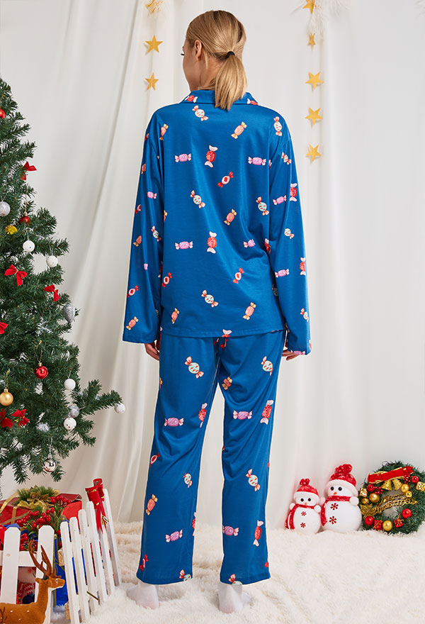 クリスマス女性大人漫画キャンディーパターン長袖平織りパジャマセットパジャマラウンジセットパンツコスチューム2ピース衣装