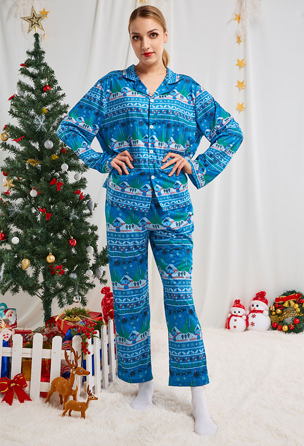 クリスマス女性大人漫画スノーハウスとエルクパターン長袖平織りパジャマセットパジャマラウンジセットパンツコスチューム2ピース衣装