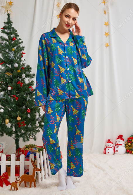 クリスマス女性大人漫画クリスマスツリーパターン長袖平織りパジャマセットパジャマラウンジセットパンツコスチューム2ピース衣装