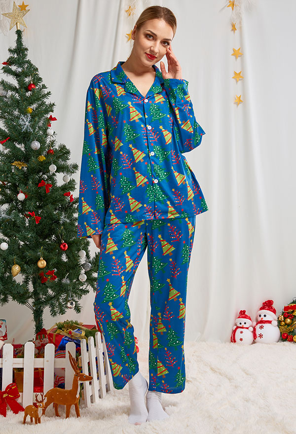 クリスマス女性大人漫画クリスマスツリーパターン長袖平織りパジャマセットパジャマラウンジセットパンツコスチューム2ピース衣装