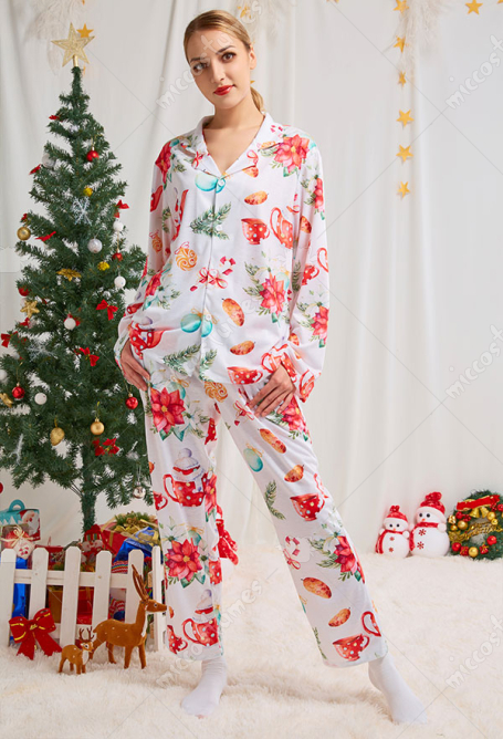 クリスマス女性大人漫画ティーポットと花柄長袖平織りパジャマセットパジャマラウンジセットパンツコスチューム2ピース衣装