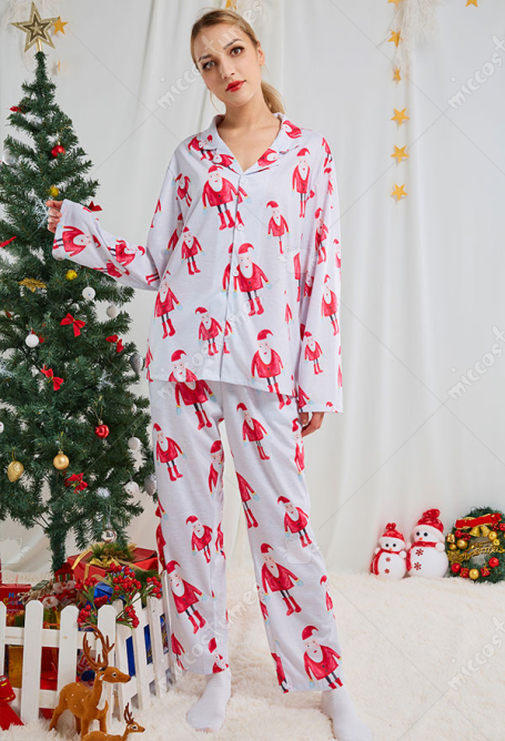 クリスマス女性大人漫画サンタクロースパターン長袖平織りパジャマセットパジャマラウンジセットパンツコスチューム2ピース衣装