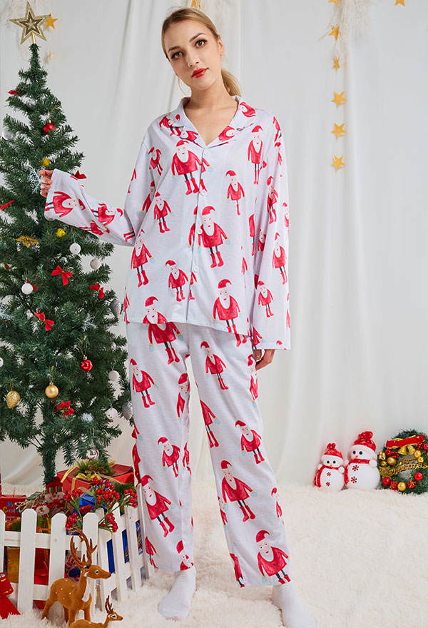 クリスマス女性大人漫画サンタクロースパターン長袖平織りパジャマセットパジャマラウンジセットパンツコスチューム2ピース衣装