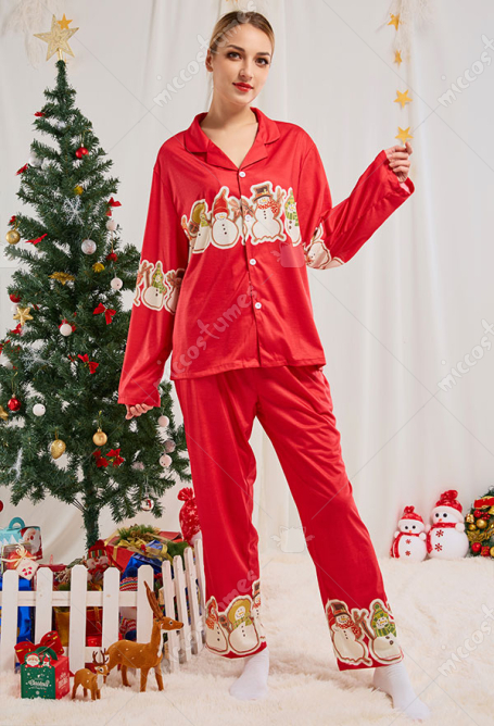 クリスマス女性大人漫画アレンジ雪だるまパターン長袖平織りパジャマセットパジャマラウンジセットパンツコスチューム2ピース衣装