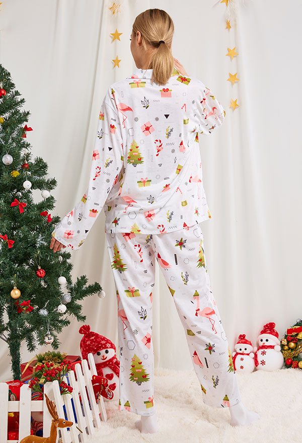 クリスマス女性大人漫画フラミンゴとクリスマスツリーパターン長袖平織りパジャマセットパジャマラウンジセットパンツコスチューム2ピース衣装