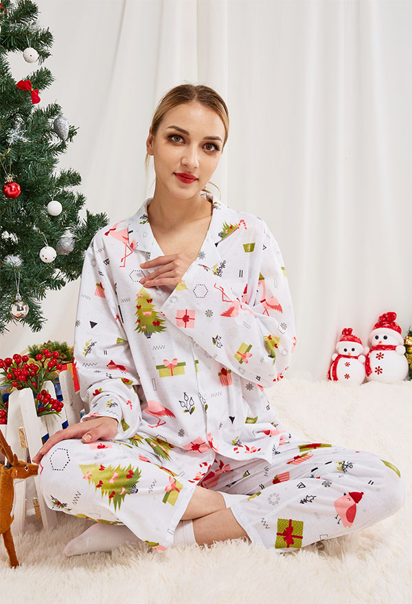 クリスマス女性大人漫画フラミンゴとクリスマスツリーパターン長袖平織りパジャマセットパジャマラウンジセットパンツコスチューム2ピース衣装