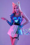 League of Legends LOL Girls New Skin Ahri K/DA ALL OUT Idol Gradient Mixed Royal Blue Color Shiny Symphony Laser Reflective Splicing Leather Cosplay Costume Outfit with Belt and Neck Accessory