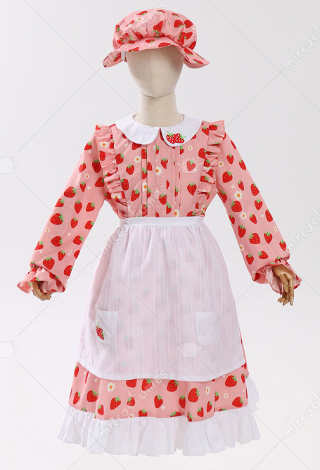 子供用 メイド コスプレ イチゴ柄 ドレス
