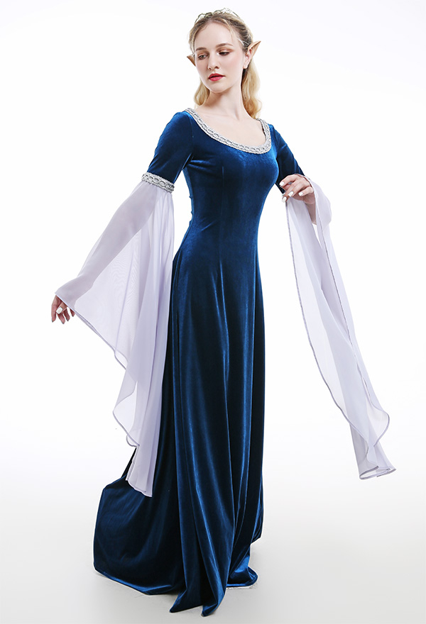 中世 衣装 手作り ドレス レトロな妖精のエルフシフォンスリーブ付きダークブルーのベルベットのガウン