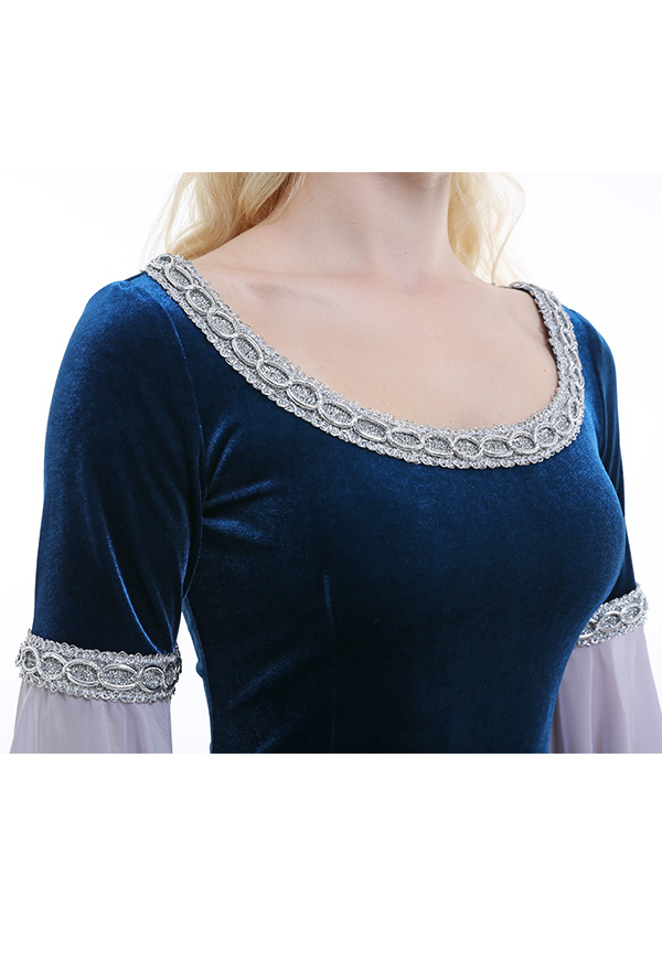 中世 衣装 手作り ドレス レトロな妖精のエルフシフォンスリーブ付きダークブルーのベルベットのガウン