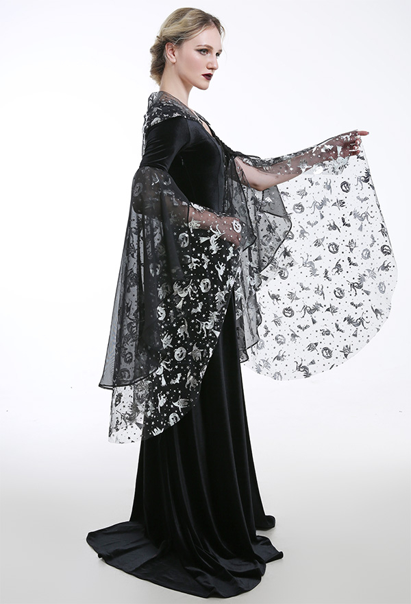 中世衣装 手作り レトロゴシックハロウィンカーニバル魔女フード付きベルベットドレス2層ガーゼスリーブ