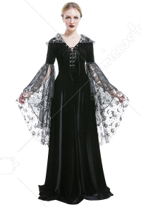 中世衣装 手作り レトロゴシックハロウィンカーニバル魔女フード付きベルベットドレス2層ガーゼスリーブ