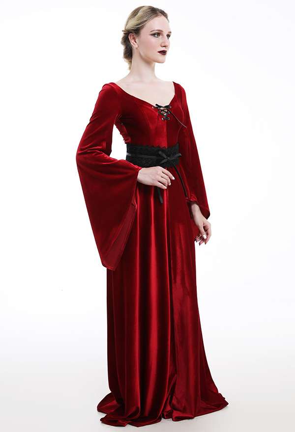 中世 ルネサンス 衣装 ゴシック 手作り エルフ 魔女 ワインレッド ベルベット ドレス