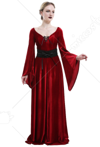 中世 ルネサンス 衣装 ゴシック 手作り エルフ 魔女 ワインレッド ベルベット ドレス
