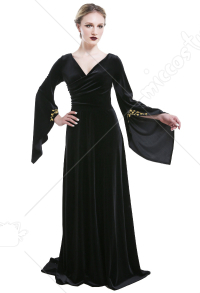 中世 衣装 手作り V字型 首輪の背中の開いた ドレス レトロな黒のベルベットのガウン