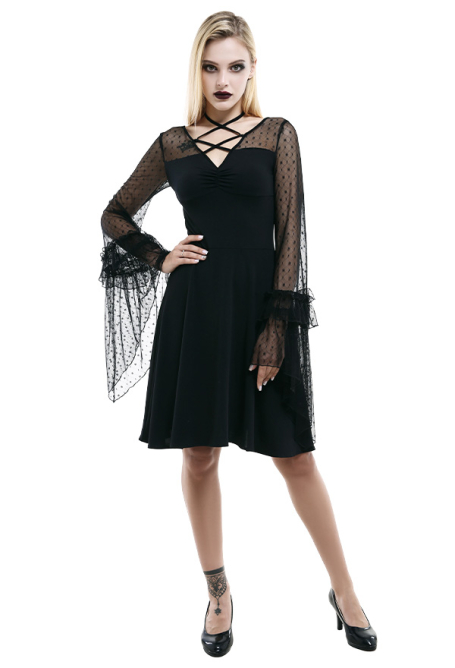 暗黒ゴシックパンク女性ショルダーレースVネックドレス