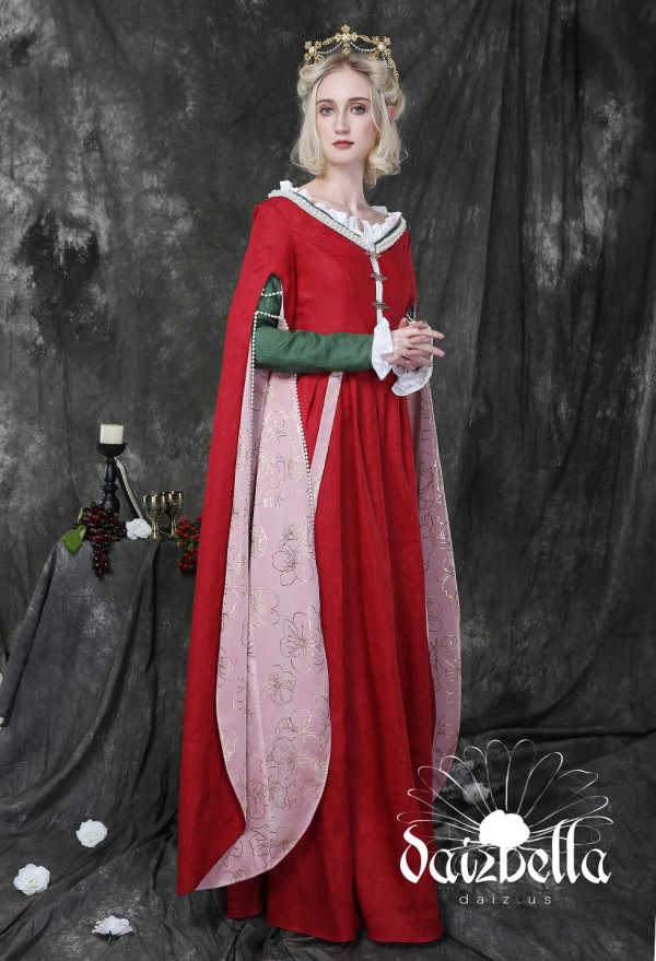 公爵夫人　コスプレ衣装　中世ヨーロッパ服リネンドレス　赤いアウタースカート