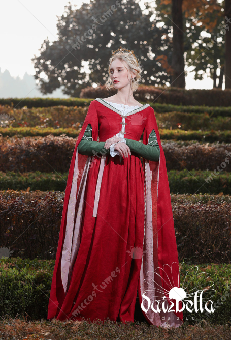 公爵夫人　コスプレ衣装　中世ヨーロッパ服リネンドレス　赤いアウタースカート