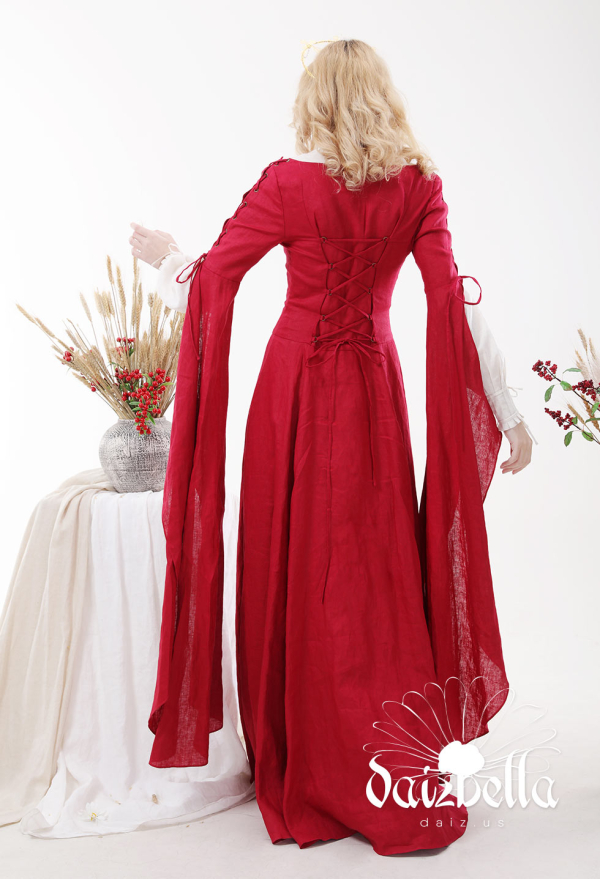 伯爵夫人シリーズ　中世ヨーロッパのレトロなファンタジー赤いドレス　ナチュラルリネンスカート